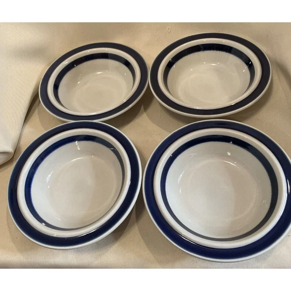 Arabia Finland Anemone Cobalt Blue Soup Cereal Bowls Set Of 4 Handpainted 6.5” - Picture 2 of 5